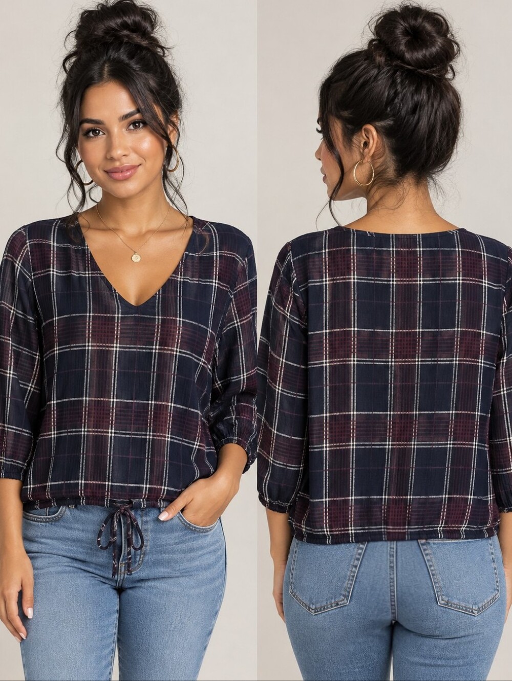 West Kei Navy Plaid V-Neck Drawstring Blouse Size Small